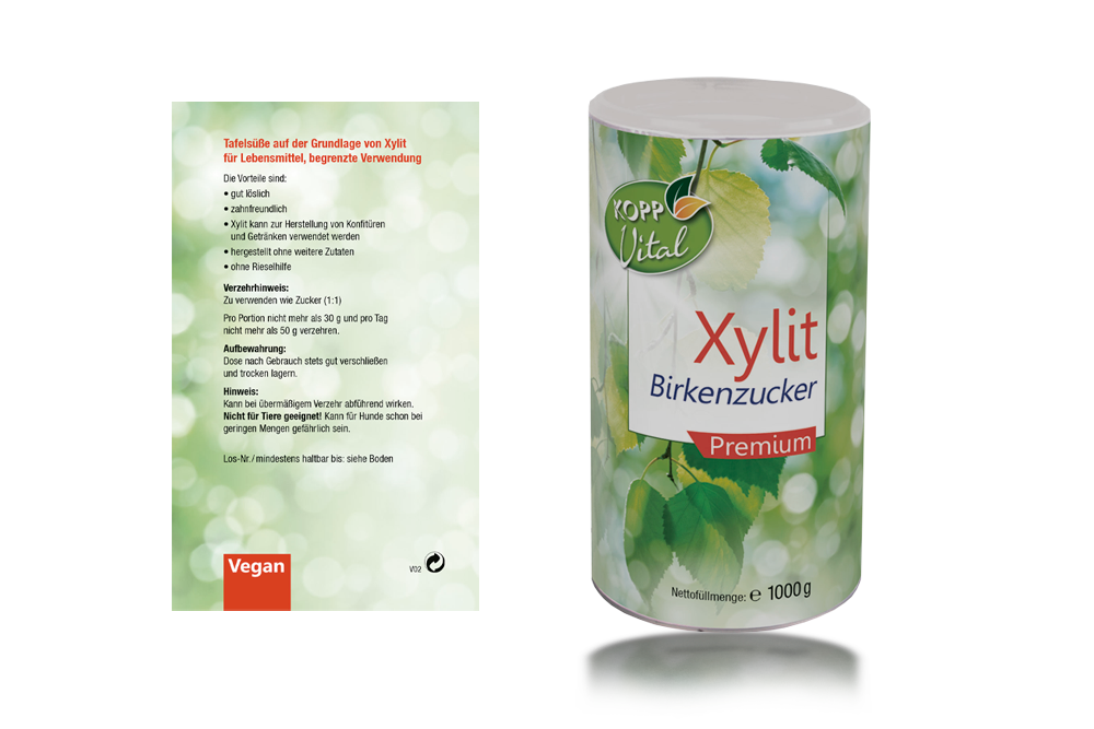 Xylit Birkenzucker - Verpackung, runde Dose und Tabelle mit Nährwerten